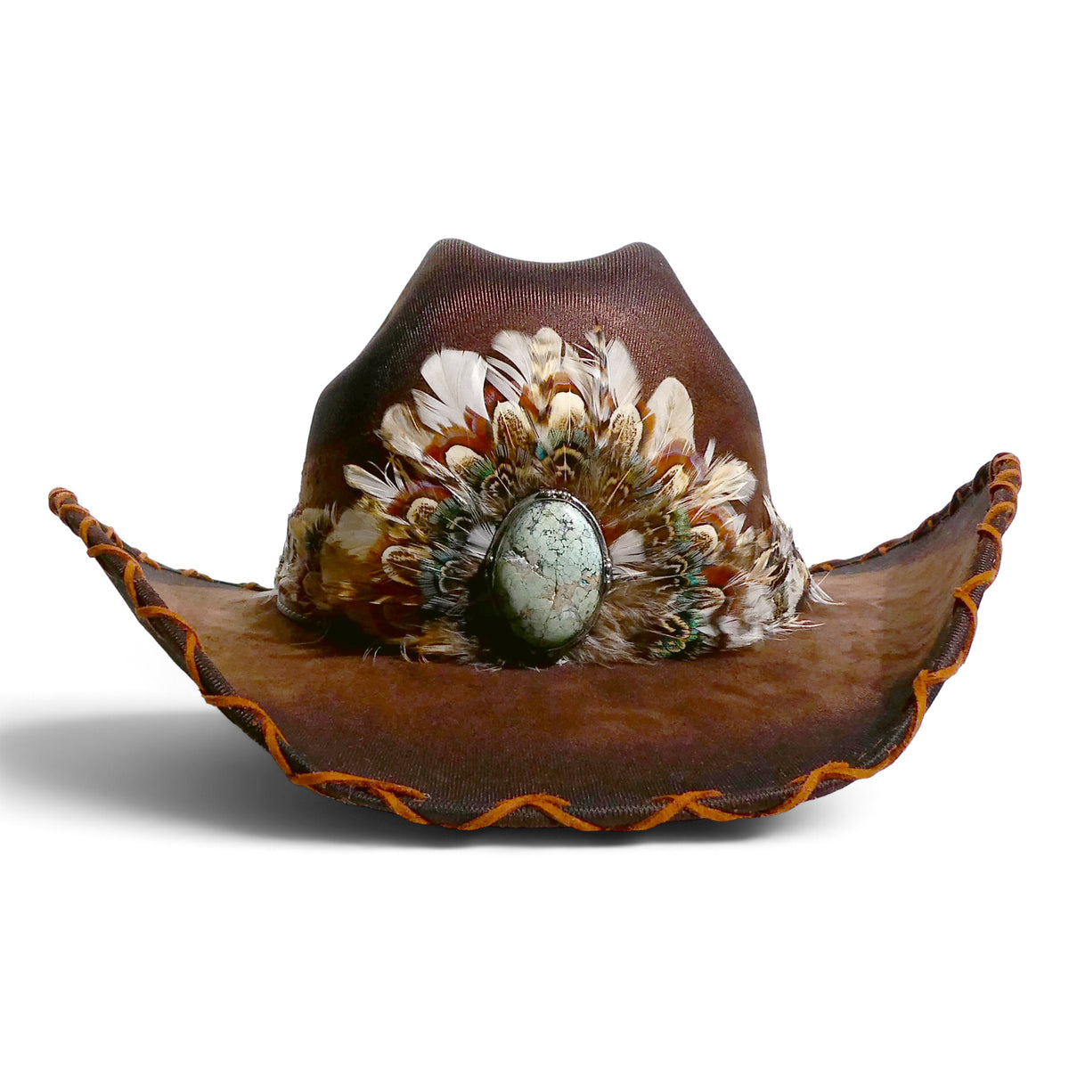 Chocolate Brown Hat with Urban Feather Turquoise Band
