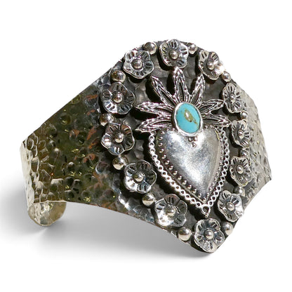 Sterling Silver 925 Sacred Heart & Turquoise Cuff Bracelet