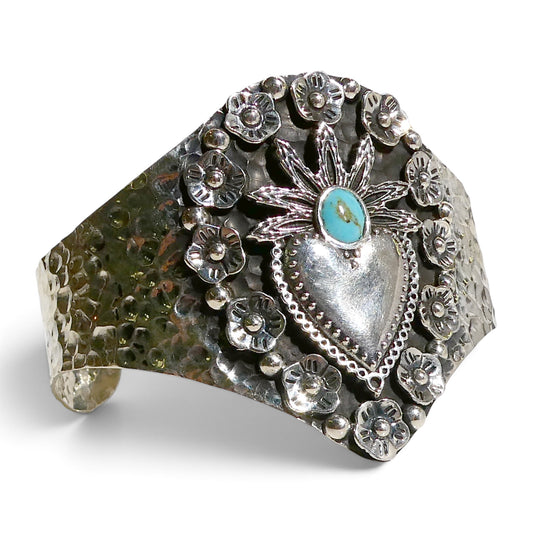 Sterling Silver 925 Sacred Heart & Turquoise Cuff Bracelet