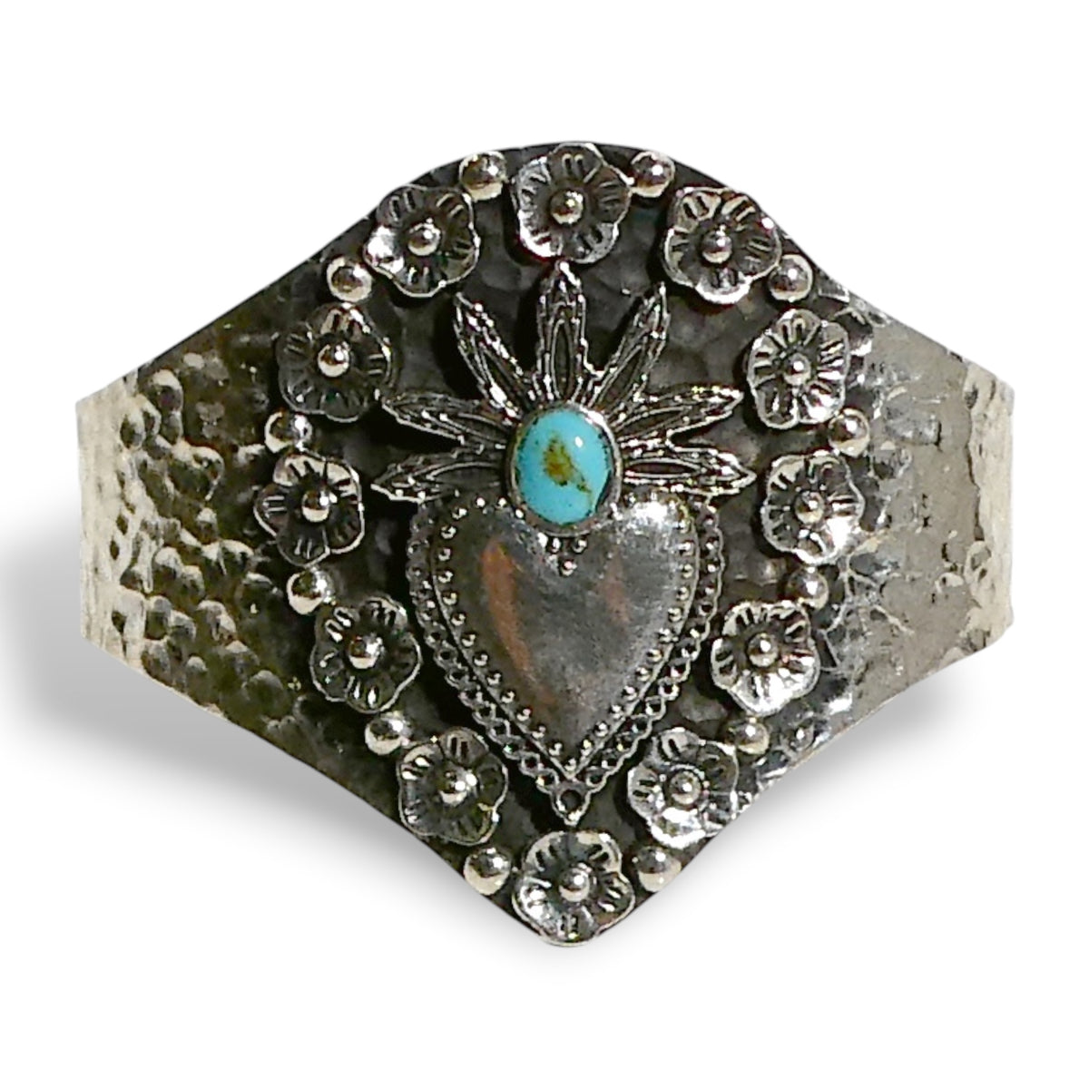 Sterling Silver 925 Sacred Heart & Turquoise Cuff Bracelet