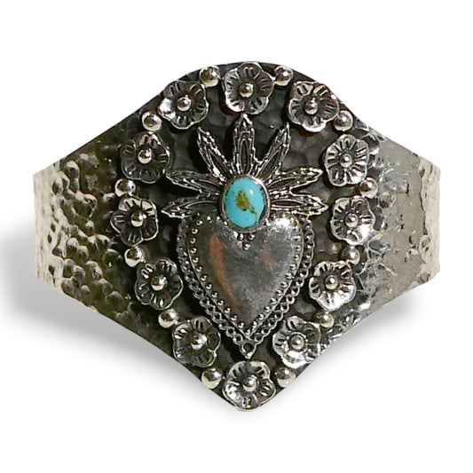 Sterling Silver 925 Sacred Heart & Turquoise Cuff Bracelet