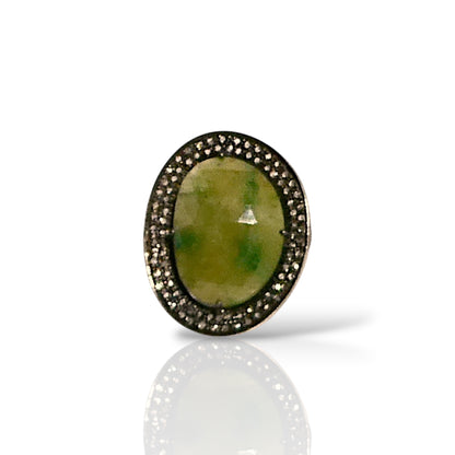 Oval Prehnite & Black Diamond Statement Ring