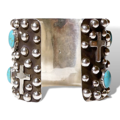Stunning Sterling Silver Ball Cuff with Natural Turquoise