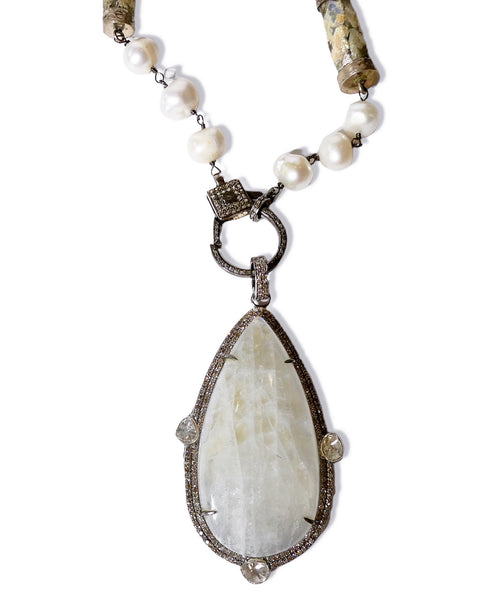 Large Moonstone & Diamond Teardrop Pendant Necklace