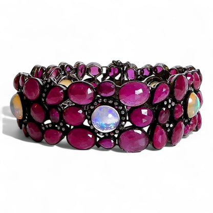 NEW Natural Ruby Gemstone Cuff with Fire Opals and Black Diamonds