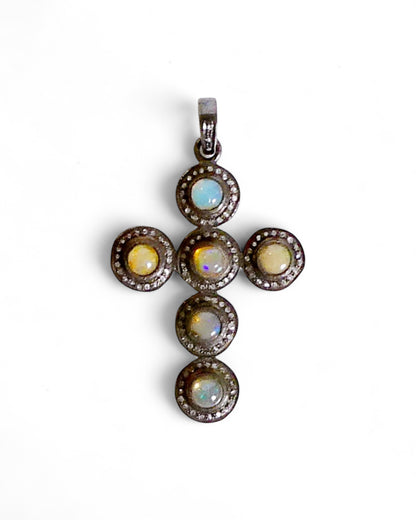 NEW Large Fire Opal and Black Diamond Cross Pendant