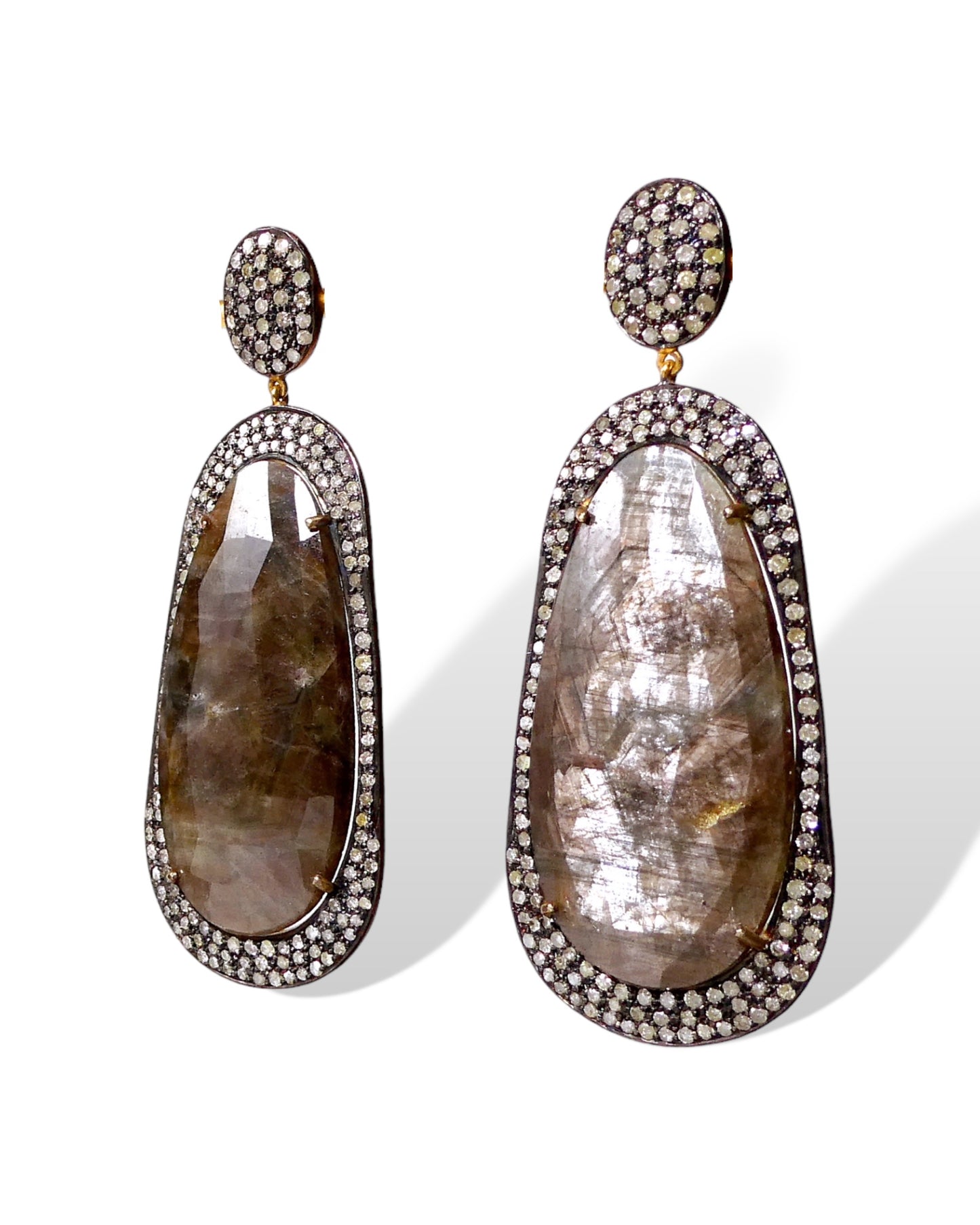 Brown Sapphire and Pave Diamond Drop Earrings