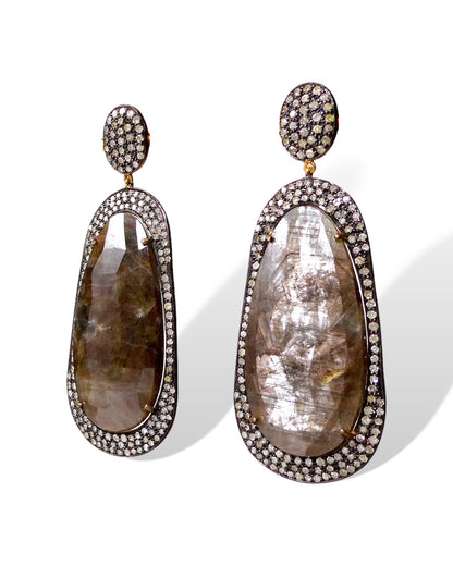 Brown Sapphire and Pave Diamond Drop Earrings