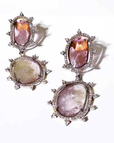 Watermelon Tourmaline Diamond Drop Earrings