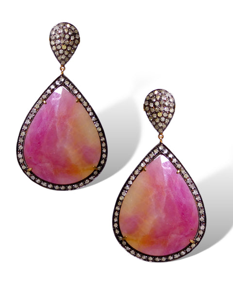 Pink Gemstone and Diamond Teardrop Earrings