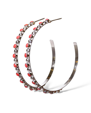 Thin Sterling Silver Hoops with Coral Gemstones