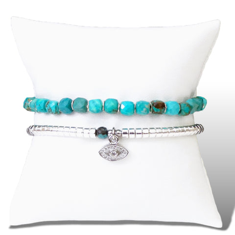 Turquoise and Silver Hematite Protective Eye Charm Bracelet Set