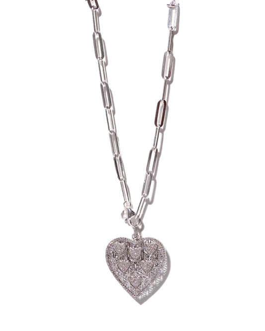 Pave Diamond Filigree Heart on Paperclip Chain Necklace