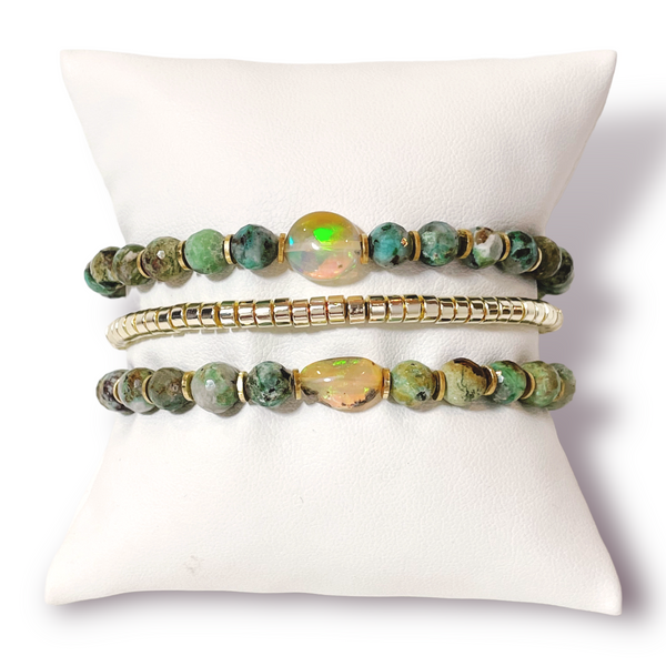 One Natural Chrysocolla Bracelet with Opal Centerpiece