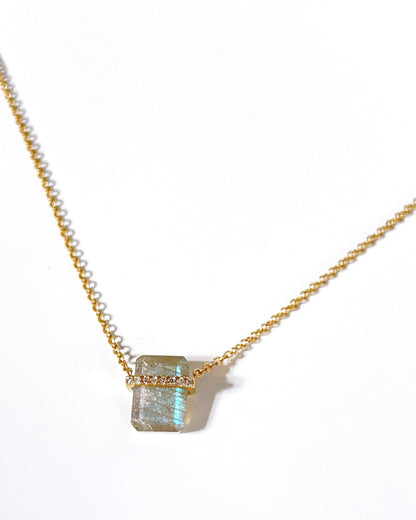 14K Gold Pave Vertical Gemstone Bar Necklace