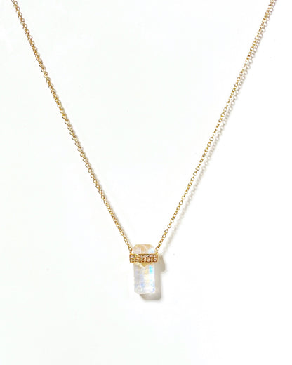 14K Gold Pave Vertical Gemstone Bar Necklace
