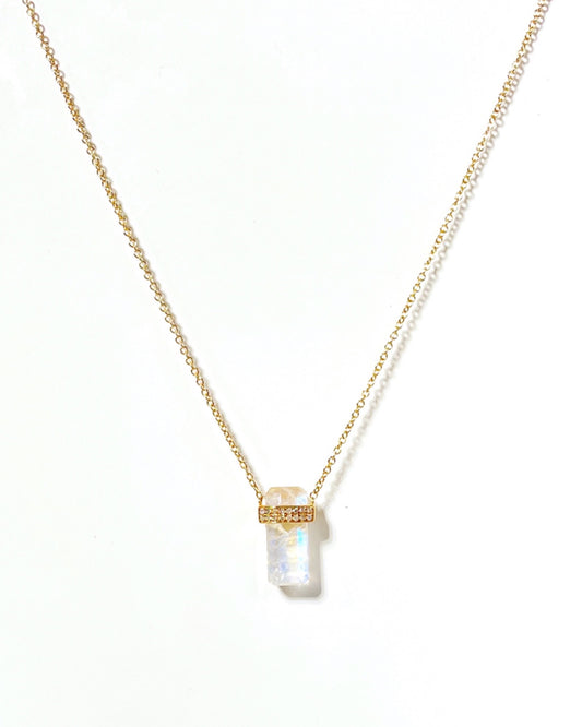 14K Gold Pave Vertical Gemstone Bar Necklace