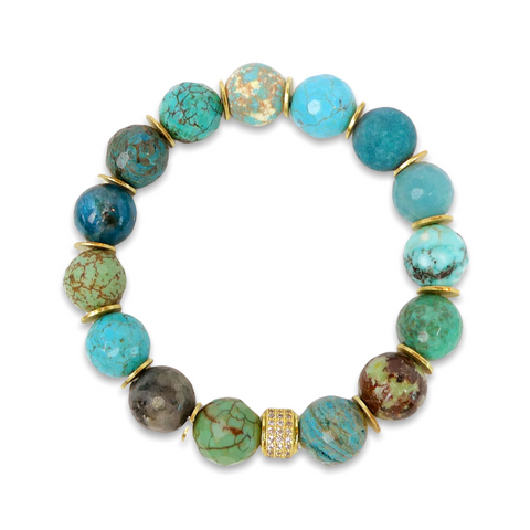 Mixed Turquoise Beaded Bracelet with Pave Centerpiece-Med Bead Size