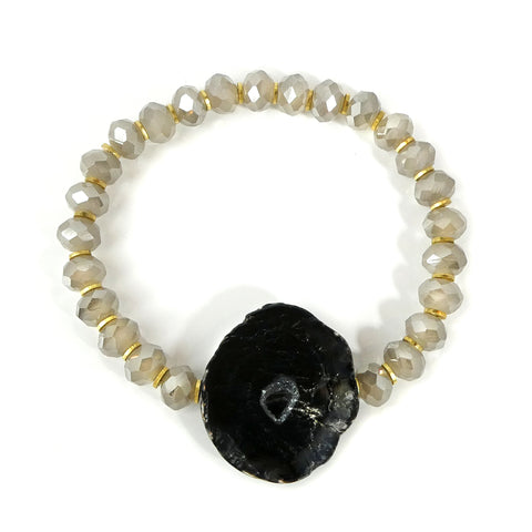 On Sale Moonstone Natural Gemstone Bracelet with Black Agate Centerpiece