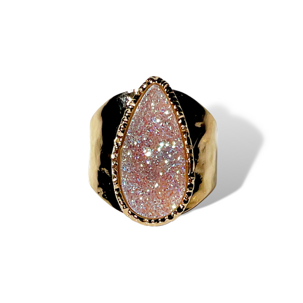 Gold Small Pink Druzy Ring